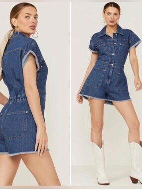 We The Free Free People Work Hard Play Harder Denim Romper Small Blue Utility